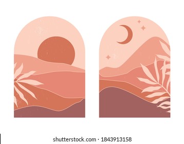 Abstract mountain landscapes in arches at sunset with sun and moon in an aesthetic, minimalist mid century style in natural earthy tones, terracotta and beige. Abstract trend line art.