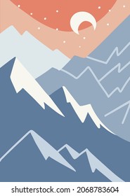 Resumen de paisajes montañosos de fondo. Sencillas ilustraciones vectoriales modernas con montañas dibujadas a mano, cielo, luna.Diseño contemporáneo de moda. Decoración de arte mural.
