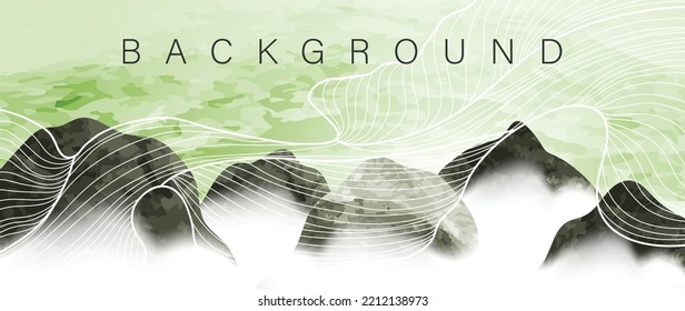 Abstract mountain and line arts background vector. Watercolor oriental style, green landscape, hills, fog with wavy curve lines texture. Wall art suitable design for home decor, wallpaper, prints.
