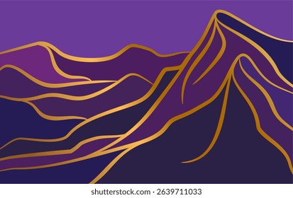Abstract Mountain With Line Gold Color Background. Mountain Art Purple Color