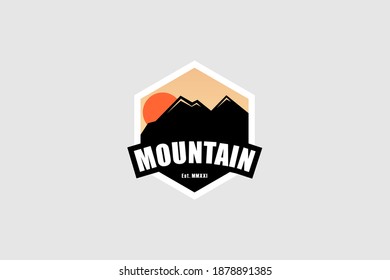 Abstract Mountain Logo. Black Silhouette Mountain with Hexagon Shape Frame on Vintage Background. Use for Adventure Logos. Vector Logo Concept.