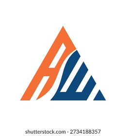Abstract mountain logo forming the letter AE or AW with a pathway between bold orange and blue shapes. Modern geometric design symbolizing progress, journey, ambition, and business growth.