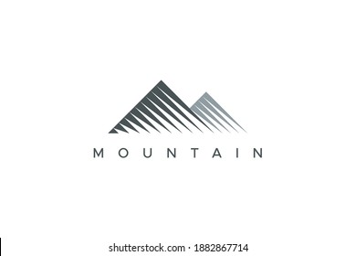 Abstract Mountain Logo. Grey Shape Mountains Silhouette with Geometric Striped Lines Style Combination isolated on White Background. Flat Vector Logo Design Template Element.