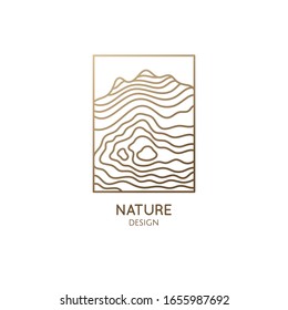 Abstract Mountain Logo. Natrural Minimalistic Landscape Icon With Topographic Structure. Vector Pattern With Wavy Lines. Ornamental Rectangular Emblem. Geologic And Mineral Industry, Travel, Cosmetics