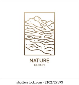 Abstract mountain logo. Natrural minimalistic landscape icon. Ornamental boho symbol. Vector pattern with wavy lines. Ornamental rectangular emblem. Geologic, mineral industry, travel, cosmetics