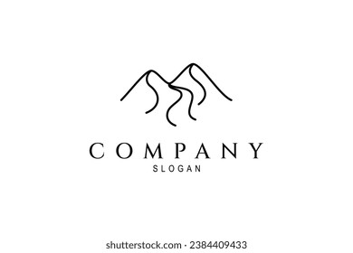 Abstract mountain logo with river flow in line art design style