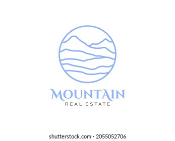 Abstract Mountain Logo. White Shape Mountain Silhouette with Outline Style Combination isolated on Tidewaters White Background. Flat Vector Logo Design Template