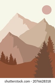 Abstract mountain. mid-century modern minimalist vector illustration. Abstract natural scenery background. mountain, sky, sun and tree