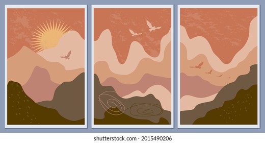 Abstract mountain monochrome landscapes. Wall art, minimalism. Sunset and flying birds. Terracotta and earth colors. Boho style nature. Modern vector banners for posters and postcards.