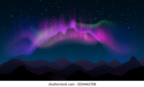 Abstrakte Berg-Nachtlandschaft mit Orora-Borealis und Sternen. Nordfarbige Lichter am Himmel, polare, natürliche, leuchtende Vektorgrafik. Himmelslicht in der Nachtgebirgslandschaft