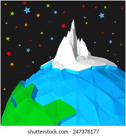 Abstract mountain on the pole of the planet in low-polygonal style against the stars
