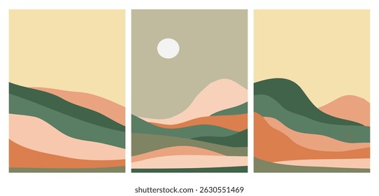 Montaña Abstractas en el set con la montaña, colinas, sol. Impresión de arte minimalista moderno de mediados de siglo. Paisaje abstracto de los fondos. uso para el arte de la impresión, cartel, cubierta y Anuncio