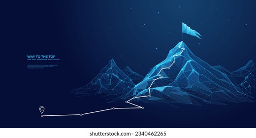 Abstract mountain with a path to the top. Way to goal in digital futuristic style on a blue technology background. Vector illustration of success achievement concept. Low Poly wireframe flag and ridge svg
