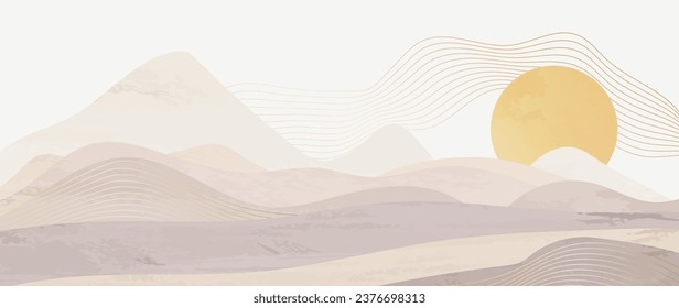 Abstract mountain pink vector background. Minimal landscape art with watercolor brush and golden line texture in gentle tones. Abstract artistic wallpaper for prints, artwork, wall art	
