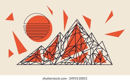 Abstract mountain polygonal outlined and striped sun illustration. Abstract retro geometric mountain and sun illustration design.