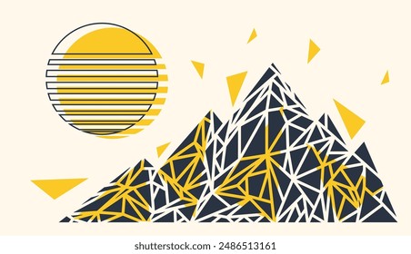 Abstract mountain polygonal and striped sun silhouette illustration. Abstract retro geometric mountain and sun illustration design.