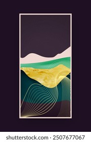 Abstract mountain poster. Rock landscape. Modern art scenery. Curve surface. Graphic hills. Outline nature panorama. Dynamic Japanese pattern. Desert waves. Color line texture. Vector geometric banner