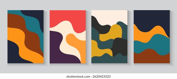 Abstract mountain poster,cards, banner seamless pattern collection. Colorful wave flayer cover background set with geometric textures and nature environment shapes. minimalist, trendy, modern backdrop