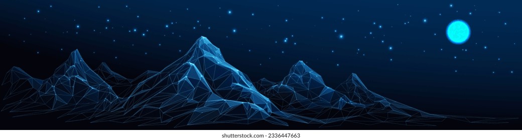 Abstract mountain range against the background of the night starry sky. Digital mountain landscapes consist of connected dots, lines, polygons, and grids. Low poly wireframe vector illustration.