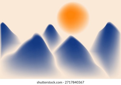 Abstrato cordilheira com picos azuis e sol alaranjado ao nascer ou pôr do sol em uma paisagem de sonho com gradientes suaves e luz quente