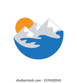 abstract mountain range with blue water waves and sun in behind, vector logo icon