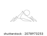 Abstract mountain range landscape background. Simple line drawing of mountains and sun. Modern one line nature illustration. Vector sunset wallpaper for icon, logo, travel poster, tourism card