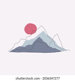 Abstract mountain range landscape background Linear logo icon sign Sun sunset symbol Hand drawn sketch Modern design style Fashion print clothes apparel greeting invitation card cover flyer poster ad