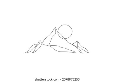 Abstract mountain range landscape background. Simple line drawing of mountains and sun. Modern one line nature illustration. Vector sunset wallpaper for icon, logo, travel poster, tourism card - Shutterstock ID 2078973253