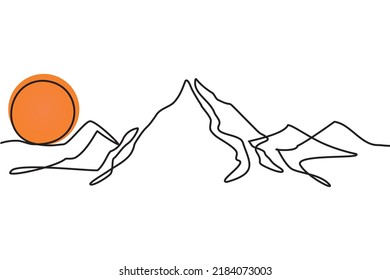 Abstract mountain range landscape background. One line drawing of mountains and sun. Modern one line nature illustration. Vector sunset wallpaper for icon, logo, travel poster, tourism card.