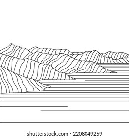 Abstract mountain range landscape background. Simple line drawing of mountains and sun. Modern one line nature illustration. Vector sunset wallpaper for icon, logo, travel poster, tourism card