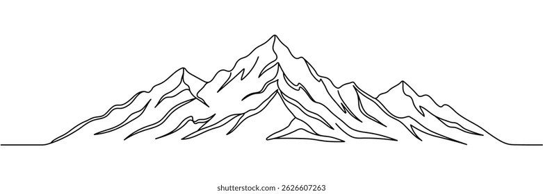Abstract mountain range landscape background. Simple line drawing of mountains Modern one line nature illustration. Vector sunset wallpaper for icon, logo, travel poster, tourism card Editable stroke