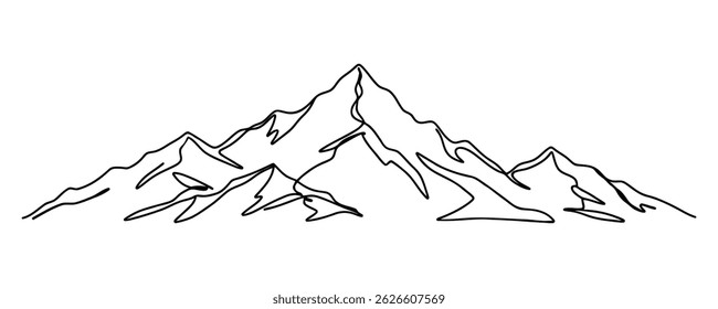 Abstract mountain range landscape background. Simple line drawing of mountains Modern one line nature illustration. Vector sunset wallpaper for icon, logo, travel poster, tourism card.