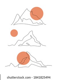 Abstract mountain range landscape drawing set isolated on white background in minimal style. Mountains contour drawing, panoramic view. Simple one line nature illustration. Vector sunset icon, logo