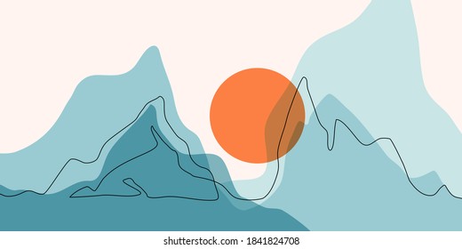 Abstract Mountain Range Landscape, Flat Scenery Background. Blue Mountains Panoramic View. Simple One Line Nature Illustration. Vector Sunset Wallpaper