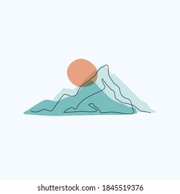 Abstract Mountain Range Landscape, Flat Scenery Background. Blue Mountains Panoramic View. Simple One Line Nature Illustration. Vector Sunset Wallpaper For Icon, Logo