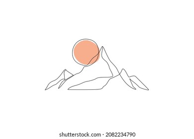 Abstract mountain range landscape, flat scenery background. Simple line drawing of mountains. Modern one line nature illustration. Vector sunset wallpaper for icon, logo, travel poster