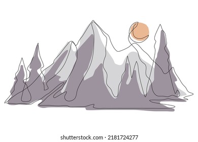 Resumen del paisaje de cordillera, paisaje plano. Vista panorámica de las montañas azules. Ilustración de la naturaleza simple de una línea. Papel de fondo de pantalla para la puesta de sol del vector para icono, logotipo
