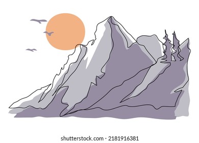 Abstract mountain range landscape, flat scenery background. Blue mountains panoramic view. Simple one line nature illustration. Vector sunset wallpaper for icon, logo