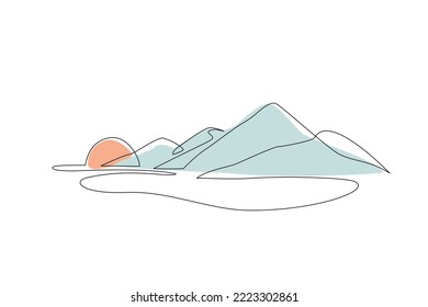 Resumen del paisaje de cordillera, paisaje plano. Vista panorámica de las montañas azules. Ilustración de la naturaleza de una línea. Papel de fondo de pantalla para el atardecer vectorial para el afiche mínimo, plantilla, turismo de aventura