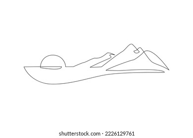 Abstract mountain range landscape, flat scenery background. Mountains panoramic view. One line nature illustration. Vector sunset wallpaper for minimal poster, template, adventure tourism