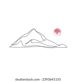 Abstract mountain range landscape, flat background. Simple line drawing of mountains peak, watercolor sun. Modern one line nature illustration. Vector wallpaper, icon logo, travel poster, tourism card