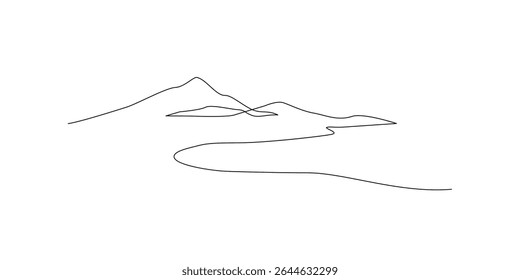 Abstract mountain range landscape, flat scenery background. Mountains doodle panoramic view. One line nature illustration. Vector outline art wallpaper for minimal poster, template, adventure tourism
