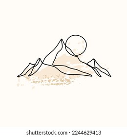 Abstract mountain range landscape on brush stroke background. Mountains panoramic view. One line nature illustration. Vector sunset wallpaper for minimal poster, template, adventure tourism