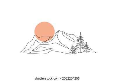 Abstract mountain range   spruce landscape background  Simple line drawing mountains  trees  sun  Modern one line illustration  Vector sunset wallpaper for icon  logo  travel poster  tourism card