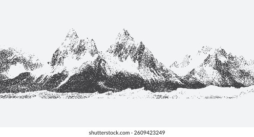 Abstract mountain range with stipples in a grunge texture overlay pointillism style. Snowy Hill photocopy from the past. mount landscape with grainy noise