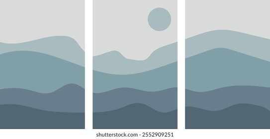 Abstract mountain silhouettes in a soothing blue palette. Minimalist and modern design for wall art or digital backgrounds.