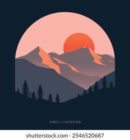 Abstract Mountain Sunset Vector Art.