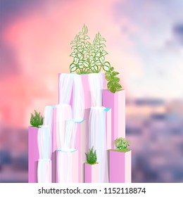 Abstract mountain with trees, plants and a waterfall. Surrealistic mountain landscape. Vector illustration