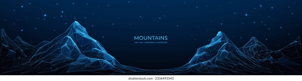 Resumen del valle montañoso. Bajo paisaje digital azul polaco con montañas y cielo estrellado. Plantilla vectorial con texto en blanco en el centro del cartel. Ilustración vectorial de malla baja con efecto 3D.