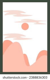 Abstract Mountain wall art vector. Earth tones landscape background with sun. Simple Art design for print, cover, wallpaper and wall art. Orange desert sky